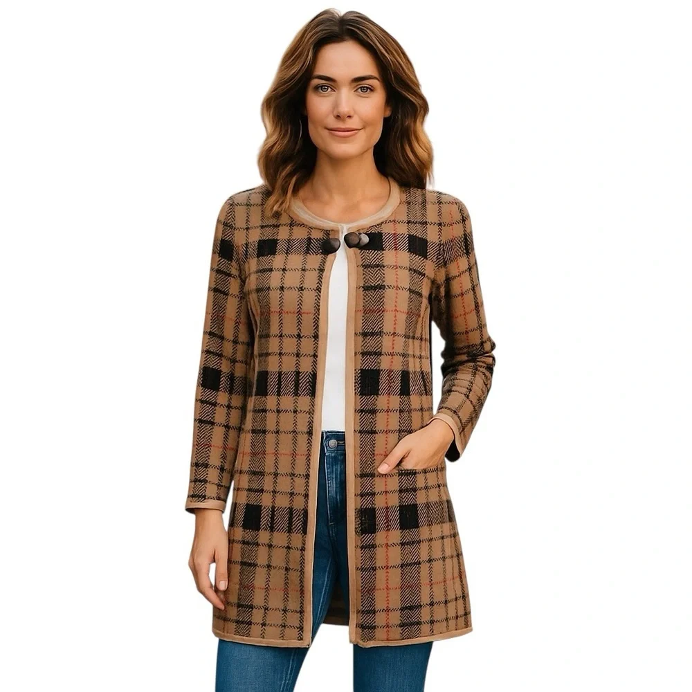 Anne Klein Tan Plaid 3/4 Sleeve Casual Long Cardigan Sweater Womens Size Large - Picture 1 of 6